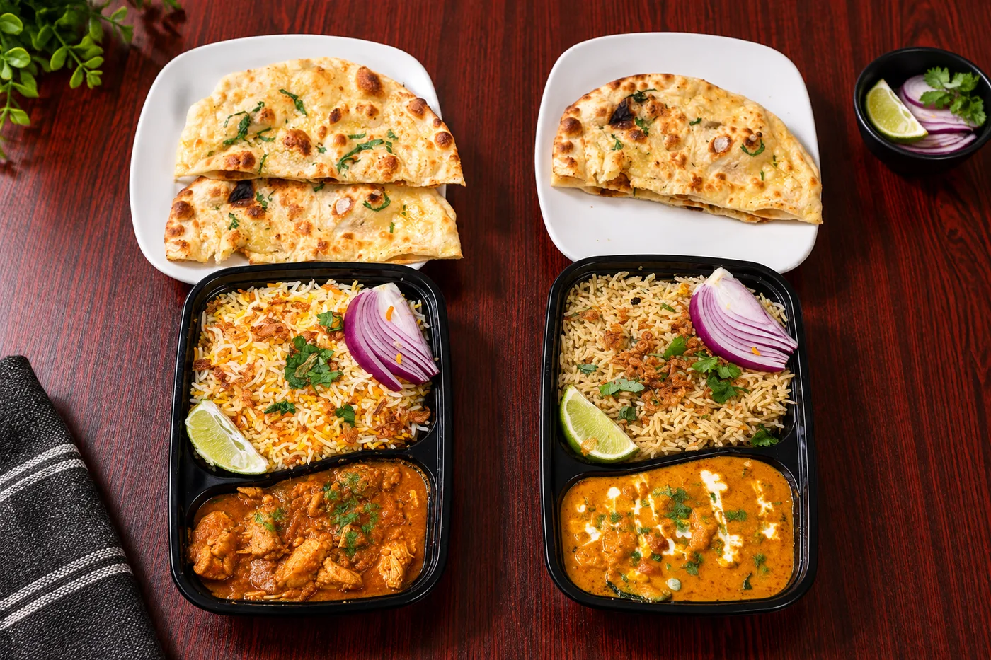Sree Saffron's Spartans Lunch Box — veg and non-veg options, each with rice, curry, and naan